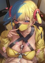 1boy 1girls absurdres bar_censor blonde_hair blue_eyes blue_hair blush breasts canari_(pokemon) canary_(pokemon) censored cleavage commentary_request covered_mouth cum cum_on_body cum_on_breasts female from_above hand_up heart heart_in_eye highres jacket large_breasts long_sleeves looking_at_viewer looking_up mask medium_hair momo_no_sukebe mouth_mask multicolored_hair nail_polish paid_reward_available paizuri penis pokemon pokemon_legends:_z-a pov straight sweat symbol_in_eye twintails two-tone_hair v variant_set yellow_jacket yellow_nails