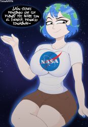 2026 background big_breasts black_eyes blue_hair breasts brown_shorts earth-chan female galaxy green_hair hi_res highres human humanization humanized nasa polxnart_(artist) recolor smug smug_face smug_grin smug_smile spanish_text speech_bubble stars white_shirt