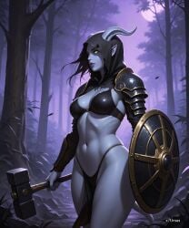 ai_generated armor artas9972 bra draenei draenei_female forest hammer hoodie horns loincloth pelvic_curtain pointy_ears shield shoulder_pads solo solo_female warcraft wind world_of_warcraft