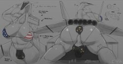 aeromorph aircraft american_flag_bikini anthro ass bikini bomb breasts bulge buttplug clothing detailed_bulge dialogue english_text explosives flag_bikini genital_outline greyscale group gynomorph hangar hazard_symbol hi_res intersex jet_engine litehase living_aircraft living_machine living_vehicle machine monochrome penis_outline plug_(sex_toy) radiation_symbol sex_toy simple_background size_difference solo swimwear symbol text two-piece_swimsuit vehicle