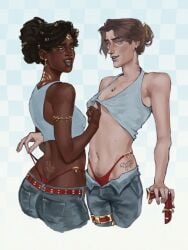 2girls arcane arcane_viktor bangg_cherry cane crop_top dark-skinned_female female genderswap_(mtf) jeans jewelry lesbian mel_medarda navel_piercing pubic_hair riot_games rule_63 tattoo thong white_background