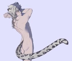 1boy animal_ears ark1478 arknights arms_up ass closed_mouth completely_nude cowboy_shot from_behind grey_eyes grey_hair highres long_hair looking_at_viewer looking_back male_focus nude scar silverash_(arknights) simple_background snow_leopard_boy snow_leopard_ears snow_leopard_tail solo tail toned toned_male