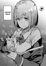 bangs breasts collared_shirt female greyscale handjob hard_translated highres jacket large_breasts long_sleeves looking_at_viewer monochrome off_shoulder oosawara_sadao penis school_uniform shinjou_akane shirt short_hair sketch ssss.gridman translated upper_body white_shirt