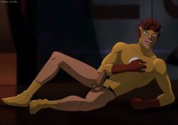 1boy accurate_art_style cock dc dc_comics dick erection exposed_penis goggles kid_flash looking_up male_only no_pants partially_clothed penis precum_drip screenshot_edit smile the_flash_(series) wally_west young_justice