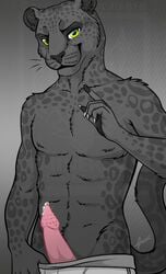 2018 5_fingers abs animal_genitalia animal_penis anthro barbed_penis biped black_nose black_pawpads claws clothed clothing erection feline feline_penis front_view fur green_eyes grey_background grey_claws grey_fur grey_spots half-length_portrait halftone_background looking_at_viewer male male_only mammal minerea panther pattern_background pawpads penis pink_penis pinkdragonlove pinup pointing_up poking_out portrait pose precum signature simple_background smile solo spots spotted_body standing topless underwear underwear_pull watermark white_underwear