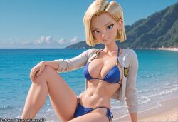 3d ai_generated android_18 beach bikini blonde_hair blue_bikini blue_eyes blue_sky breasts cleavage day dragon_ball dragon_ball_super dragon_ball_z earrings female hand_on_own_knee jewelry looking_at_viewer medium_breasts meitabuu navel ocean open_clothes outdoors parted_lips realistic short_hair side-tie_bikini_bottom sitting sky smile solo string_bikini swimsuit water