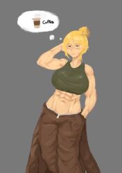 1girls abs blonde_hair bra breasts clothed clothing female female_only hair_bun jumpsuit muscular muscular_female roblox roblox_game robloxian slammer_(tdx) solo source_request stomach tagme thought_bubble tower_defense_x trophimos unzipped_jumpsuit