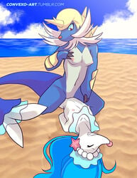 1boy 1girls anthro anthro_on_anthro anthrofied armor beach big_tail blue_fur blue_hair breasts claws closed_eyes convexo duo echinoderm female female_anthro female_on_top femboy femboy_on_female furry girly hair hetero hi_res horn interspecies long_hair male male/female male_anthro male_anthro/female_anthro mammal marine navel nintendo nipples nude on_back on_top open_mouth outside pinned pinniped pokémon_(species) pokemon pokemon_bw pokemon_sm pokemorph primarina pussy red_eyes samurott sand seaside sex sky solo starfish starfish_(accessory) straight tail text url vaginal_penetration video_games water watermark white_fur