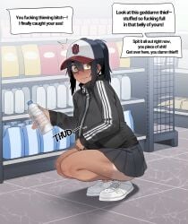 ain_(in) anal_storage black_hair black_jacket black_skirt blush bottle cavity_storage commentary_request convenience_store crossdressing crossdressing_(mtf) dark-skinned_femboy dark-skinned_male dark-skinned_sissy dark-skinned_twink dark_skin english_text femboy full_body hat high_ponytail highres holding holding_bottle in_(ain) indoors jacket korean_commentary long_sleeves looking_at_viewer medium_hair nervous_sweating nose_blush orange_eyes original plastic_bottle pleated_skirt ponytail public_indecency shelf shop shoplifting sidelocks skirt solo speech_bubble squatting stomach_bulge sweat tan tanlines thighs tile_floor tiles track_jacket uncensored zipper zipper_pull_tab