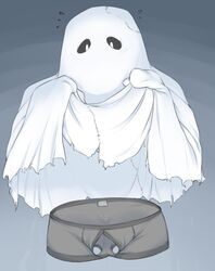 2018 clothing clothing_lift ghost gradient_background invisible_penis iriedono male male_only mouthless penis penis_through_fly poking_out sheet_(disambiguation) simple_background solo solo_male spirit underwear