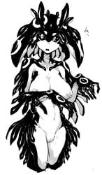 areolae black_sclera breasts female female monochrome monster_girl nipples nude open_mouth original pussy solo survival_yaiba