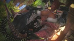 alien_tail au_ra big_ass big_balls big_breasts big_cock black_cock black_hair black_lipstick blue_eyes dark_skin dark_skinned_futanari diphallia face_paint final_fantasy_xiv freckles frotting grabbing_ass holding_onto_partner horns k'yalwann_yhen long_hair long_tongue looking_at_another miqo'te multiple_futa nipple_piercing painted_nails pale_skin red_hair red_lipstick rubbing_penis scales shiny_skin sunanddusk tail triple_frottage