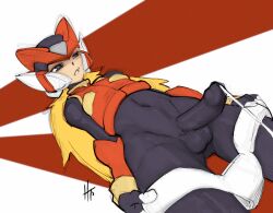 1boy blonde_hair colored cum dripping_cum edit erect_penis erection henshintiger long_hair low_angle male_only mega_man mega_man_zero penis skinny testicles zero_(mega_man)