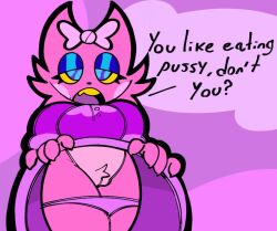 accessory animal_humanoid anthro blush bottomwear bow_(feature) bow_accessory bow_ribbon breasts claws clothed clothing dialogue digital_media_(artwork) domestic_cat english_text felid feline felis female fur genitals hair hair_accessory humanoid itsreapermin looking_at_viewer mammal mimosa_(vulgar_isaac) open_mouth pink_body shortstack simple_background solo speech_bubble teeth text vulgar_isaac vulva