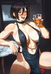 1girls ai_generated areolae_slip attack_on_titan backless_dress backless_outfit bar_(place) bare_legs bare_midriff bare_shoulders bare_thighs beer big_breasts black_hair blurry_background drunk drunk_bubble drunk_female elbow_rest evening_gown female half-closed_eyes holding_cup holding_drink karezma legs_apart mikasa_ackerman navel navel_piercing pelvic_curtain perky_breasts round_table shingeki_no_kyojin sideless_outfit sitting sitting_on_stool spread_legs stool thick_thighs