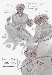 alto_clef awkward awkward_situation blackmail camera caught caught_in_the_act clothed degradation embarrassed embarrassed_expression english_text erection flustered implied_oral male male/male male_only oral peeping polaroid scp_foundation simon_glass sketch spread_legs text yaoi