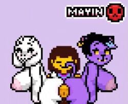 1boy 2female 2girls 2girls1boy accurate_art_style animated animated_gif anthro ass ass_focus assjob big_nipples boss_monster breasts buttjob catty_(undertale) catty_cattenheimer double_assjob double_buttjob feline female frisk furry gif goat horns human human_on_anthro male mayin older_female_and_younger_male penis pixel_animation pixel_art pixelated purple_fur sprite toriel twerk twerking twerking_on_dick undertale undertale_(series) white_fur yellow_body