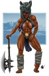 eric_alan_nelson female solo axe weapon dark_skin dark-skinned_female tribal barbarian muscular muscular_female breasts big_breasts large_breasts cleavage nipple_bulge original original_character 1girls