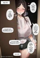 ai_generated answering_door big_breasts blush booty_shorts cameltoe closed_eyes cuckold doorway helltoyou hickey in_doorway light-skinned_female motherly_cuckold original_character pubic_hair pubic_hair_on_face pussy_juice pussy_juice_drip smiling text transparent_clothing wet_pussy