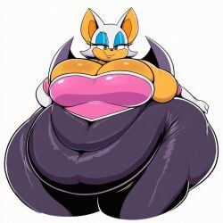 ai_generated bat_wings bedroom_eyes belly_overhang big_belly big_breasts black_bodysuit breastplate fat fat_folds flabby_arms flabby_legs heart_shaped_bra light_blue_eyeshadow obese obese_anthro obese_female opera_gloves overweight overweight_anthro overweight_female pink_lipstick rouge_the_bat seductive shoulderless_clothing sonic_the_hedgehog_(series) tan_arms tan_fur tan_muzzle thick_thighs turquoise_eyes white_gloves white_hair wide_hips
