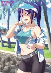 1girls beach bike_shorts blue_hair hat inou_shin jacket love_live! love_live!_sunshine!! matsuura_kanan official_art open_jacket outdoors solo sports_bra visor_cap water_bottle