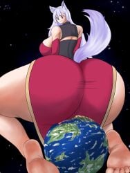 ass ass_focus big_breasts blue_eyes charlotte_(shagmire2) dress feet female female_focus female_only fox_ears fox_girl fox_tail giant_female giantess gts_dream heterochromatic_eyes heterochromia huge_ass hyper_ass hyper_butt macro planet planet_destruction red_dress red_eyes shagmire2_(shagmure2) silver_hair sitting sitting_on_planet