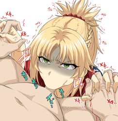 absurdres anger_vein araki_jeccy blonde_hair blood braid clothed_female_nude_male commentary fate/apocrypha fate/grand_order fate_(series) fellatio female frown green_eyes hand_holding highres mordred_(fate) navel nude oral penis ponytail simple_background spread_legs trembling white_background