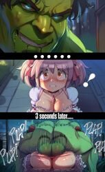 1boy 1girl aged_up ai_generated before_and_after before_sex big_boobs big_breasts clapping_ass clapping_buttocks clapping_cheeks cleavage cleavage_overflow clothed_female_nude_male clothed_sex crossover crossover_sex defeated defeated_heroine defeated_with_sex domi dominant dominant_male domination drooling eastern_and_western_character exclamation_point from_above fucked fucked_into_submission green_skin grin grinding huge_ass huge_butt hulk instant_loss instant_loss_2koma large_breasts madoka_kaname magical_girl mahou_shoujo_madoka_magica marvel marvel_comics mating_press meme meme_reference multiple_images muscular muscular_male night raped raped_superheroine rough_sex scared size_difference sudden_insertion sudden_realization text twintails
