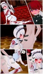 1boy 1girls alternate_version_available blood_stain blowjob doggy_position doggy_style female g_ie_(hundred_line) kirifuji_nozomi male oral_penetration pyroafternite sex straight sumino_takumi the_hundred_line_-last_defense_academy- vaginal_penetration