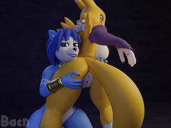 2018 3d anthro anus ass bacn big_breasts blue_eyes blush breasts canine claws clothed clothing digimon digimon_(species) duo female fox grope hair krystal looking_at_viewer looking_back mammal nintendo nude pussy renamon renamon_(bacn) sideboob smile standing star_fox teeth thick_thighs topless video_games yuri