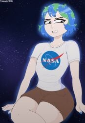 2026 angry_expression angry_face background black_eyes blue_hair brown_shorts earth-chan female galaxy green_hair hi_res highres human humanization humanized nasa no_text_version polxnart_(artist) recolor stars white_shirt