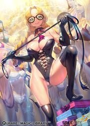 1girls aristotle_(qurare) big_breasts black_legwear blonde_hair boots braided_hair braids breasts dominatrix elbow_gloves femdom glasses gloves green_eyes latex_gloves leather_boots leather_gloves leather_legwear ningu qurare:_magic_library thick_thighs thigh_boots whip