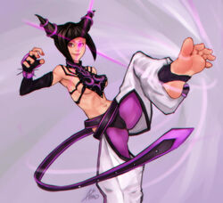 1girls 2d armpit asmo bangs belt black_hair breasts capcom clothed detached_sleeves drill_hair feet female female_only fingerless_gloves front_view gloves human juri_han kicking large_breasts light-skinned_female light_skin looking_at_viewer navel on_one_leg pale-skinned_female pale_skin perky_breasts pov_feet sideboob sidelocks signature smile soles solo stirrup_socks street_fighter street_fighter_iv toeless_legwear toes toned twin_drills watermark