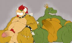 2018 2boys anthro body_hair bowser claws collar crocodilian crown donkey_kong_(series) duo glans grey_background grin hair horn humanoid_penis k_rool king koopa kremling looking_at_viewer male male_only mario_(series) multiple_boys musclegut nintendo penis pubes red_hair redras_shoru reptile royalty scalie sharp_teeth simple_background sitting smile spikes teeth testicles vein veiny_penis video_games