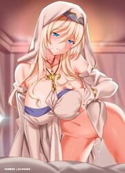 1girls bed big_breasts blonde_hair blue_eyes blush breast_grab breasts erect_nipples female female_only goblin_slayer huge_breasts large_breasts looking_at_viewer pussy_juice saikawa_yusa solo source_request sword_maiden_(goblin_slayer) text watermark wet