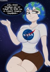 2026 background big_breasts black_eyes blue_hair breasts brown_shorts earth-chan female galaxy green_hair hi_res highres human humanization humanized nasa polxnart_(artist) recolor smug smug_face smug_grin smug_smile spanish_text speech_bubble stars white_shirt