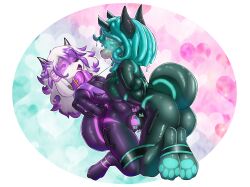 2025 absurd_res akukun ambiguous_species anthro ass biped black_clothing black_nose black_skinsuit bondage bound breasts canid canine clothed clothing collar digitigrade duo femboy fox fur galo grey_hair gynomorph gynomorph/male hair heart_eyes heart_symbol hi_res highlights_(coloring) intersex intersex/male kneeling latex latex_clothing latex_skinsuit lock_symbol looking_at_another male mammal medium_breasts null_bulge null_bulge_frottage open_mouth pawpads pink_highlights simple_background skinsuit tight_clothing tongue tongue_out visor white_body white_fur white_hair