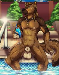 alcohol alcoholic_drink anthro artist_name balls ballsack canine cocktail dated duo_(artist) furry male male_only muscular naked naked_male nude nude_male pool poolside retracted_penis sheath sitting_on_poolside solo solo_focus tagme wet