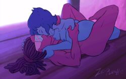 2girls alternate_hairstyle animated ass barefoot blue_eyes blue_skin breasts closed_eyes dreadlocks feet female female_only garnet_(steven_universe) gem_(species) gem_fusion kissing lapis_lazuli_(steven_universe) missionary missionary_tribadism multiple_girls muscles muscular_female nipples nude purple_hair purple_skin steven_universe toes tribadism yuri ze-plush