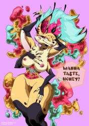 anthro arthropod ass bee beelzebub big_breasts big_butt breasts canid canid_demon canine demon female gluttony hazbin_hotel hellaverse hellhound helluva_boss hi_res huge_breasts huge_butt huge_hips huge_thighs hymenopteran hyper hyper_breasts hyper_butt insects looking_at_viewer mammal multi_arm multi_limb mythological_canine mythological_creature mythology queen_bee-lzebub_(helluva_boss) small_waist solo speech_bubble thick_thighs tongue tongue_out wide_hips witchydawgart