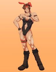 1boy blush blush_lines blushing boots brown_hair buff buff_male bunny_ears bunnysuit delamer_jean fanganronpa headband looking_at_viewer male male_only muscular muscular_male one_eye_closed orange_background orange_eyes project:_eden's_garden scars_on_body scars_on_face scars_on_thighs smiling_at_viewer solo solo_male tattoo