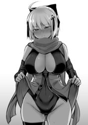 arm_guards black_bow blush bow breasts cleavage covered_navel cowboy_shot dark-skinned_female dark_skin fate/grand_order fate_(series) female gradient gradient_background greyscale highres kanno_takanori koha-ace large_breasts leotard looking_at_viewer monochrome nose_blush okita_souji_(alter)_(fate) okita_souji_(fate)_(all) pussy_juice scarf solo tassel thigh_strap tied_hair white_hair