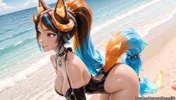 ai_generated animal_ears ass bare_shoulders beach black_gloves black_hair black_leotard blue_hair breasts choker cleavage day elbow_gloves female gloves horns jewelry large_breasts leotard long_hair meitabuu multicolored_hair ocean orange_eyes orange_hair outdoors ponytail shell sinder_(vtuber) smile solo spiked_choker spiked_collar spikes streaked_hair tail virtual_youtuber vtuber wolf_ears wolf_girl wolf_tail