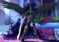 2018 abs absurdres alicorn anthro areola breasts chair cutie_mark dark_persona equine feathered_wings feathers female friendship_is_magic furry grin highres horn looking_at_viewer mammal melee_weapon my_little_pony nightmare_moon nightmare_moon_(mlp) nipples princess_luna_(mlp) pussy smile spread_wings sword throne twotail813 weapon wings