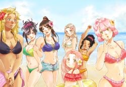 6+girls beach bikini birthmark black_hair blonde_hair blue_eyes bow bow_bikini braid breasts brown_hair cleavage closed_eyes cloud commentary_request denim denim_shorts female female_only flower front-tie_bikini_top front-tie_top hair_flower hair_ornament hair_scrunchie highres jigokuraku locked_arms mei_(jigokuraku) mito_459rk multiple_girls navel nurugai open_mouth pink_bow pink_flower pink_hair polka_dot polka_dot_bikini purple_eyes red_flower sarong scrunchie shorts smile stretching swim_ring swimsuit tao_fa yamada_asaemon_isuzu yamada_asaemon_sagiri yellow_eyes yellow_flower yui_(jigokuraku) yuzuriha_(jigokuraku)