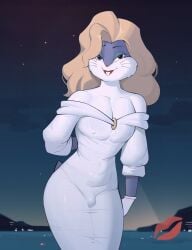 animal_nose arm_behind_back bare_shoulders blonde_hair blue_eyeshadow bonnymama7 buck_teeth bugs_bunny bulge bulge_through_clothing bunny_tail cosplay covered_nipples crossdressing dress femboy furry gloves grey_fur kiss_mark long_dress looney_tunes male male_only marilyn_monroe marilyn_monroe_(cosplay) night no_panties off-shoulder_dress pecs pectoral_cleavage red_lipstick small_bulge solo trap two-tone_fur whiskers white_dress white_fur white_gloves wig