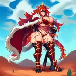 1girls 2d abs ai_generated armor armored_boots ass big_ass big_breasts big_butt big_thighs bikini bikini_armor blue_eyes blue_sky boots breasts cape cleavage cloud crown day dinosaur_girl dinosaur_tail female female_only foxes_inn full_body fur-trimmed_cape fur_trim gauntlets gigantic_breasts gijinka gloves greaves hand_on_hilt hand_on_own_hip horns huge_ass huge_breasts huge_butt huge_thighs humanization humanized humanized_pokemon large_ass large_breasts large_butt large_thighs long_hair looking_at_viewer massive_breasts monster_girl muscles muscular muscular_female navel outdoors personification planted planted_sword pokemon pokemon_(species) red_bikini red_cape red_hair scales scar scar_across_eye scar_on_face scar_on_leg scar_on_stomach sky solo solo_female standing swimsuit sword tail tall_female thick_ass thick_butt thick_thighs thighhighs thighs tyrantrum weapon