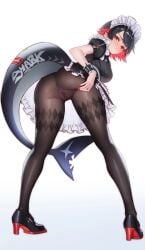 1girls absurdres anus ass bent_over big_ass big_breasts big_butt black_dress black_footwear black_hair black_pantyhose blush breasts closed_mouth clothed clothed_female colored_inner_hair colored_shoe_soles dress earclip ellen_joe female fingernails fins fish_tail frilled_dress frilled_wristband frills from_behind frown high_heels highres hoyoverse kuroyara large_breasts light-skinned_female light_skin looking_at_viewer looking_back maid maid_headdress mihoyo mole mole_under_eye multicolored_hair nail_polish no_panties pantyhose puffy_short_sleeves puffy_sleeves pumps pussy pussy_visible_through_clothes red_eyes red_hair red_nails shark_girl shark_tail short_hair short_sleeves simple_background solo spread_pussy_under_clothes standing tail two-tone_hair victoria_housekeeping white_background zenless_zone_zero