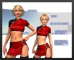 3d 3d_(artwork) 3d_comic black_thigh_boots blonde_hair character_introduction character_name comic dialogue exposed_thigh hand_on_hip leaning_hips leaning_to_the_side mary-ellen milf miniskirt mother_and_daughter navel pink_lipstick red_miniskirt red_skirt red_tubetop ropeman1 sandra_(ropeman1) short_skirt skirt smiling_at_viewer source_request standing superhero superheroine superheroines thought_bubble unbothered victory_celebration wholesome