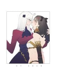 2girls almost_kissing black_hair earrings fate/grand_order fate/strange_fake fate_(series) goddess half_naked ishtar_(fate) ishtar_(fate/strange_fake) light-skinned_female light_skin n_asu_mi philia revealing_clothes selfcest simple_background teasing toned toned_female twintails white_background white_hair yuri